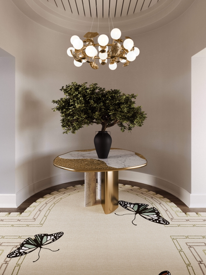 Luxurious Gold Tones Hallway With Metamorphosis Rug
