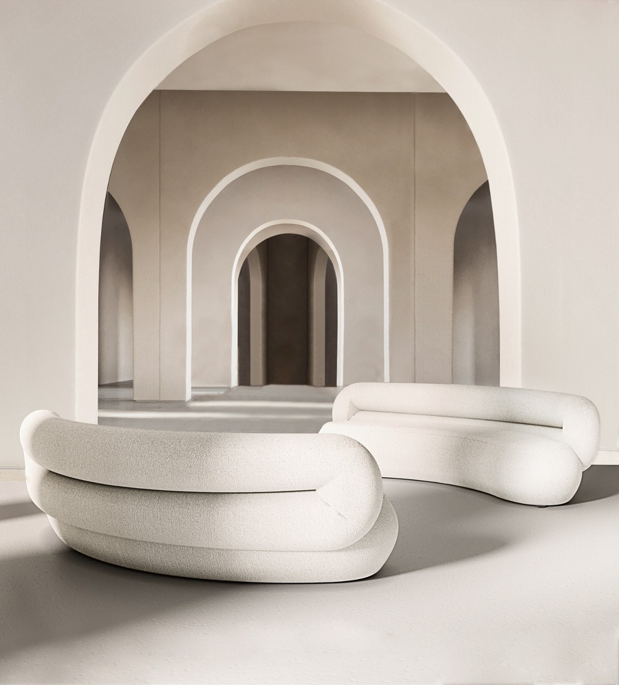 white hallway design with two sofas