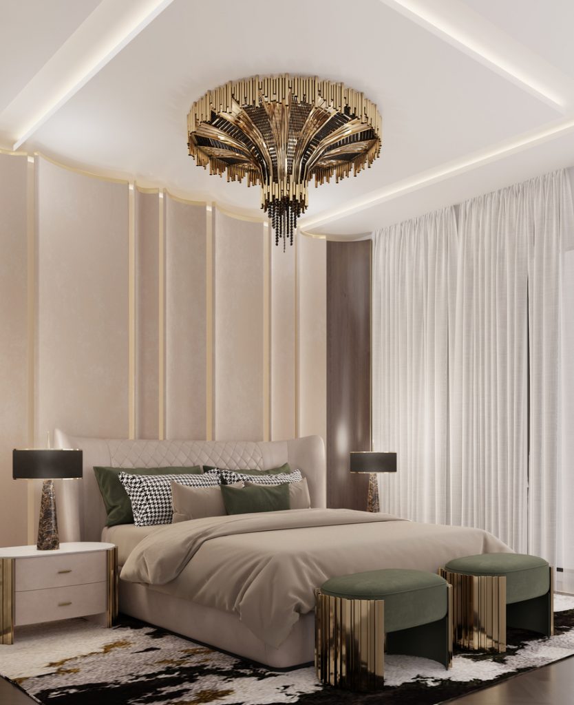 luxurious bedroom design with golden and green details