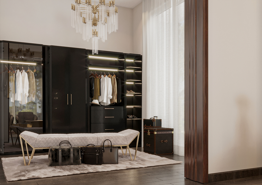 closet design in black and neutral tones