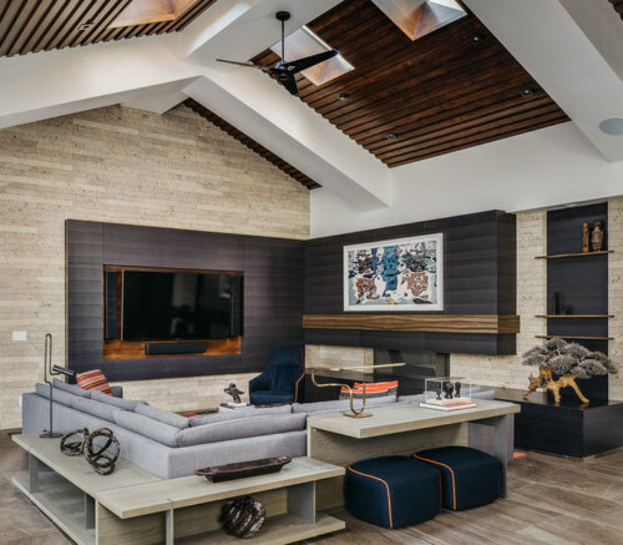 Modern living room, warm living room, grey interiors, wood details, big sofa