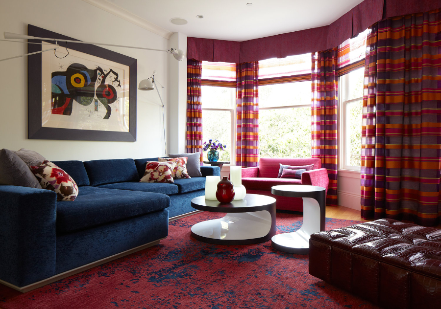 Modern living room, pink details, interiors with art, Sofa, two center tables