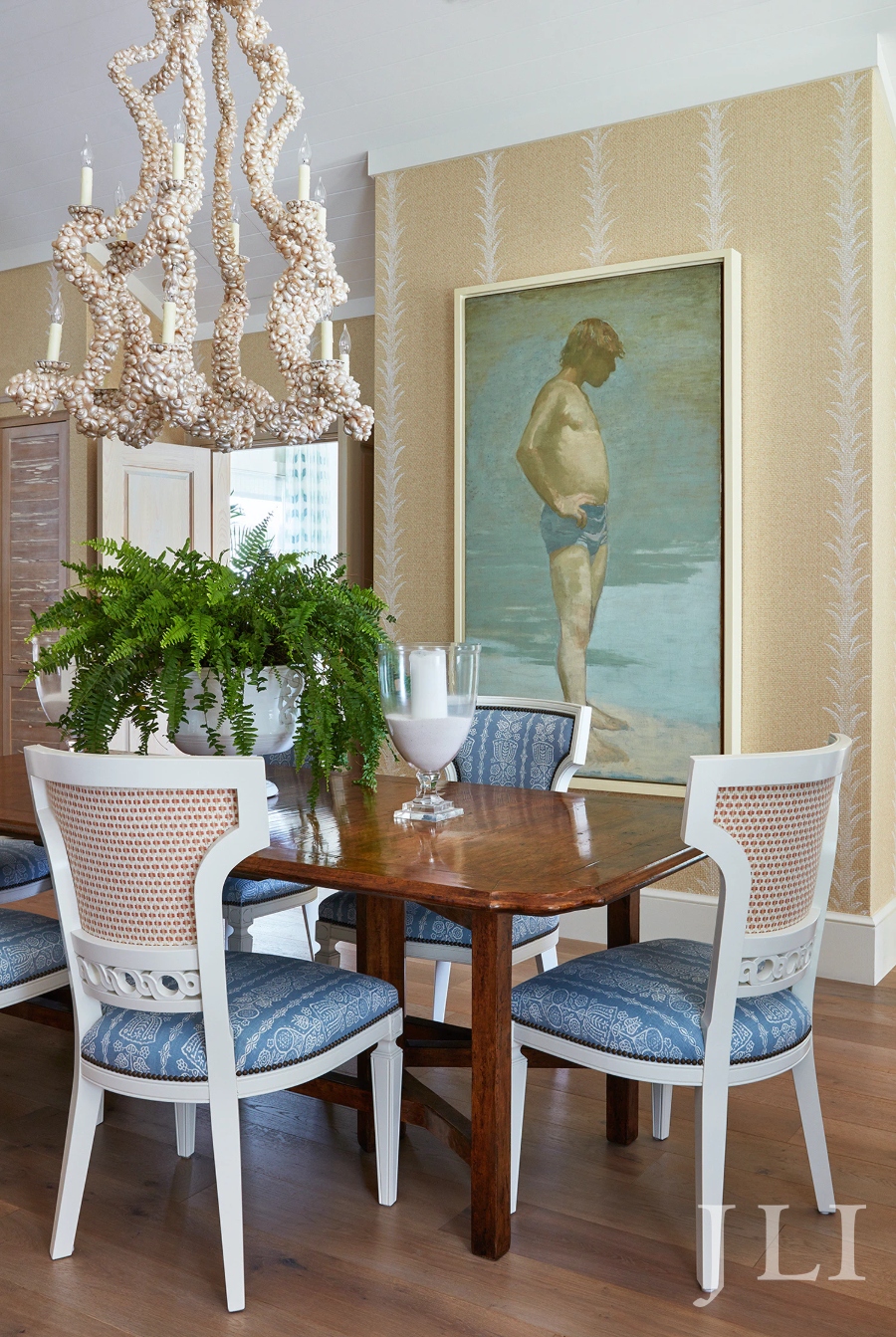Dining Room with blue pattern chairs, interior design project by Jessica Lagrange