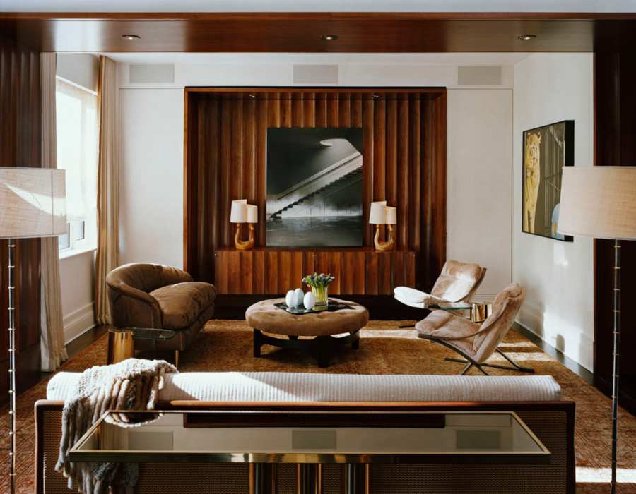 Fox-Nahem Associates, borwn living room in New York City with velvet furniture