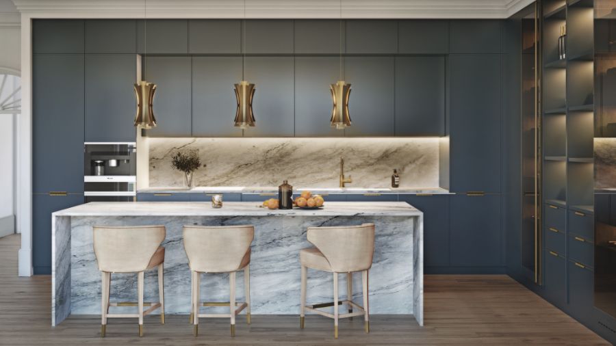 Charleston Kitchen, white velvet counter stool, brass pendant light
