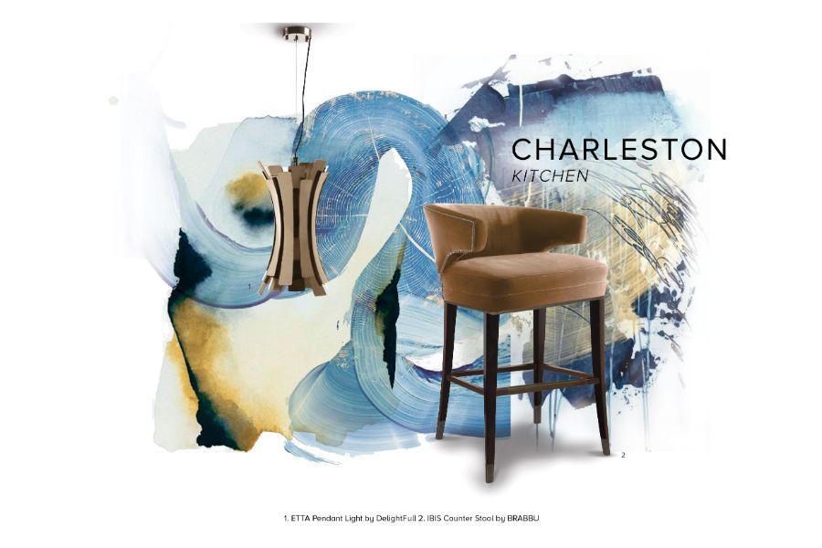 Charleston Kitchen, white velvet counter stool, brass pendant light