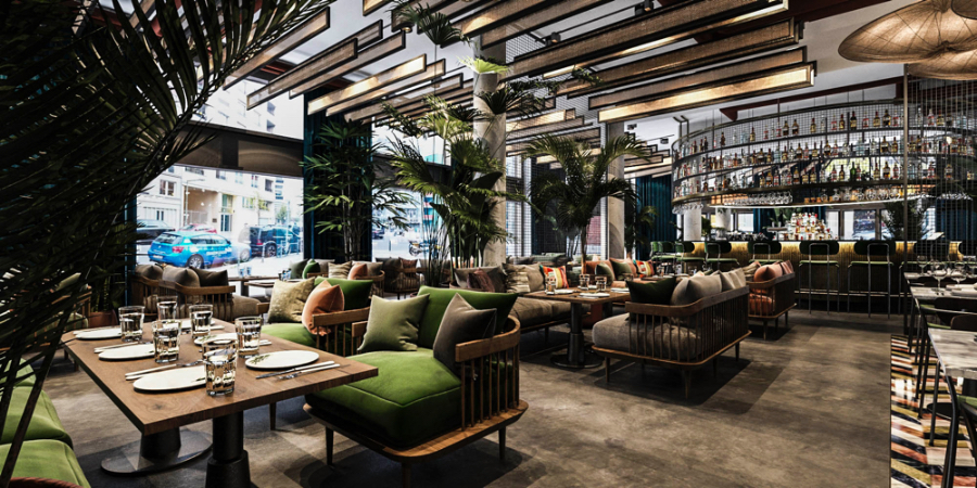Design4room  Architecture & Interior Design Savor Restaurant dinning room with wood armchairs with fluffy pillows, a lot of nature elements around