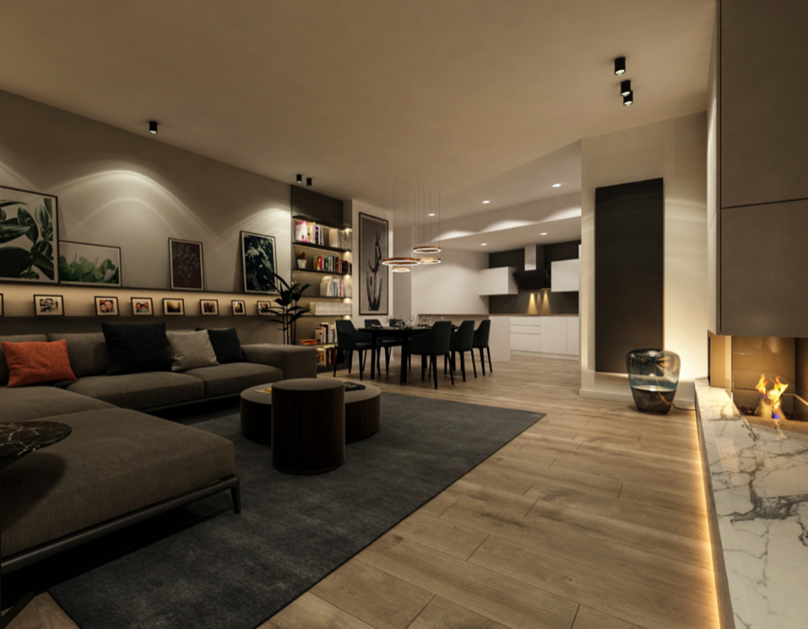 Design4room  Architecture & Interior Design; Akseki House living room , we see a sofa; a dinning table with black dinning chairs around it, a fireplace, and some chandeliers. 