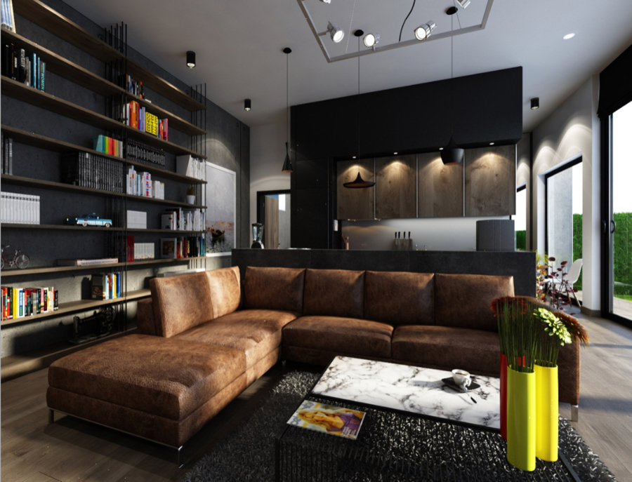 Design4room  Architecture & Interior Design Ese House close up of the area of the brown sofa and the kitchen counter.