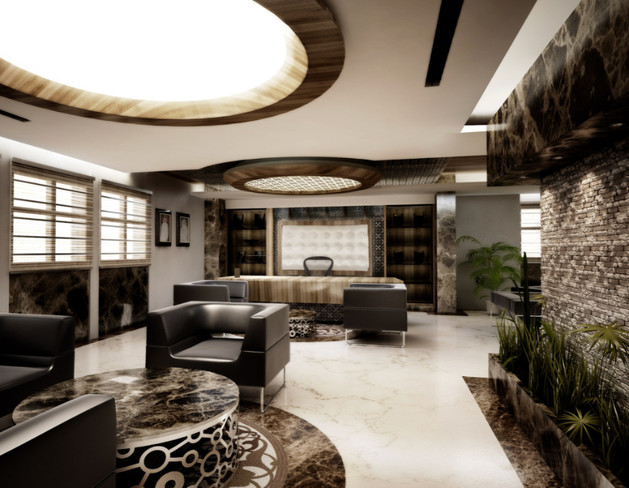 Design4Room- Architecture & Interior Design; Qatar Ministry of Municipalieis and Urban Planning office waiting area with 5 black armchairs; two round centre tables; come plants and big sky lights. 