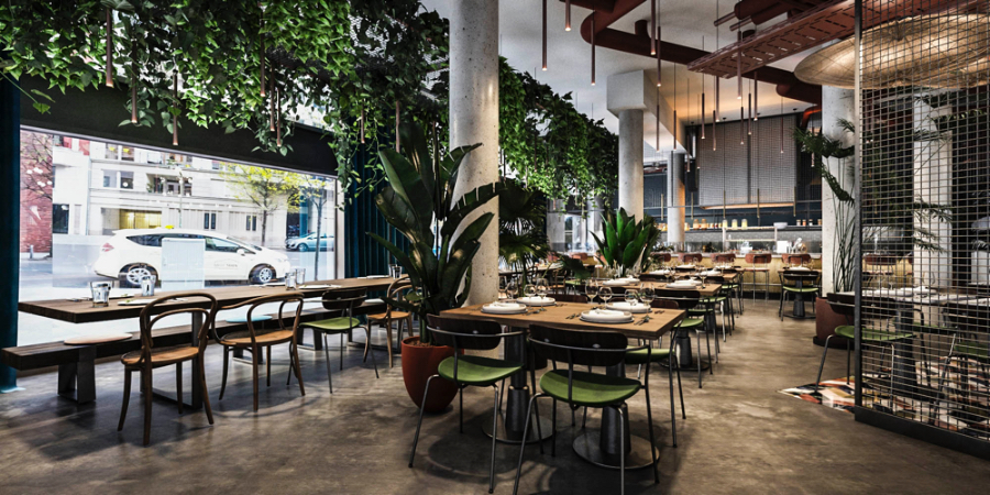 Design4room  Architecture & Interior Design Savor Restaurant dinning room with simple green dinning chairs ; supension lights and plants. 