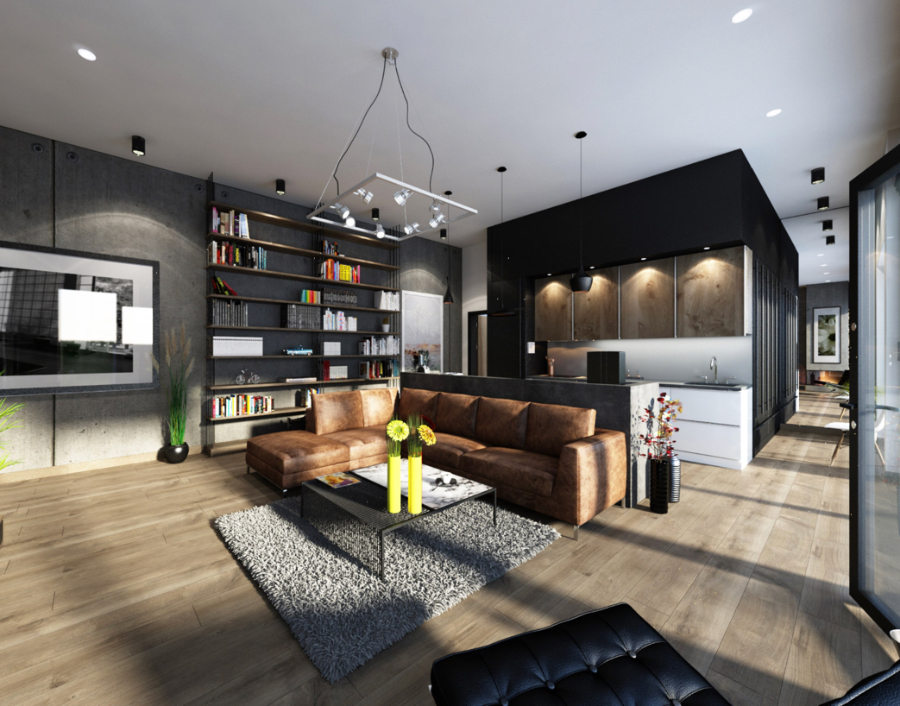 Design4room  Architecture & Interior Design Ese House open space living room and kitchen and a brown leather sofa and a grey rug 