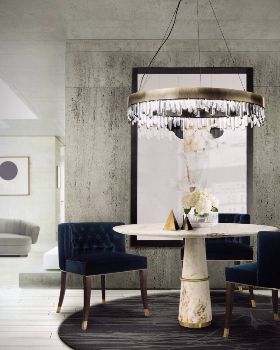 High-end Residential Projects by Michael Wolk. Brabbu ambiance. Modern licing room with a marble table and velvet upholstered chairs.