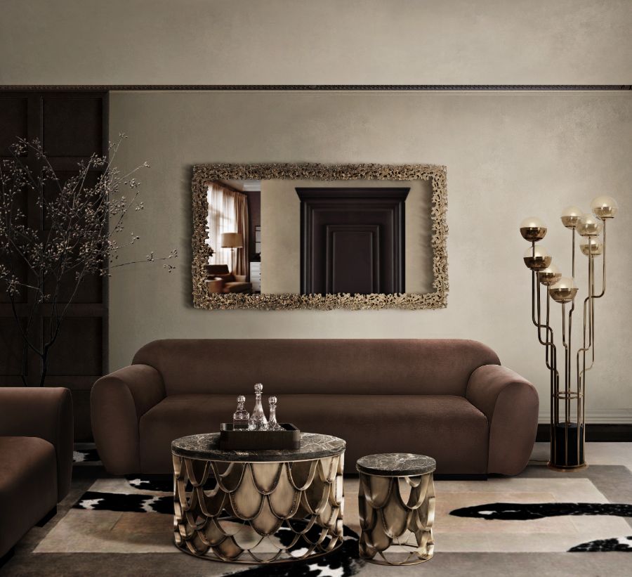 brown sofa, brown velvet sofa, velvet sofa, marble centre table, marble side table, brass mirror