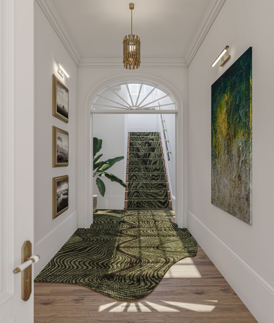 Knightsbridge Manor, modern contemporary hallway, green hallway rug, hallway rug, green rug