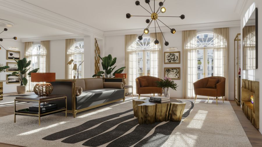 Knightsbridge Manor, modern contemporary living room, wood center table, red velvet armchair, grey sofa