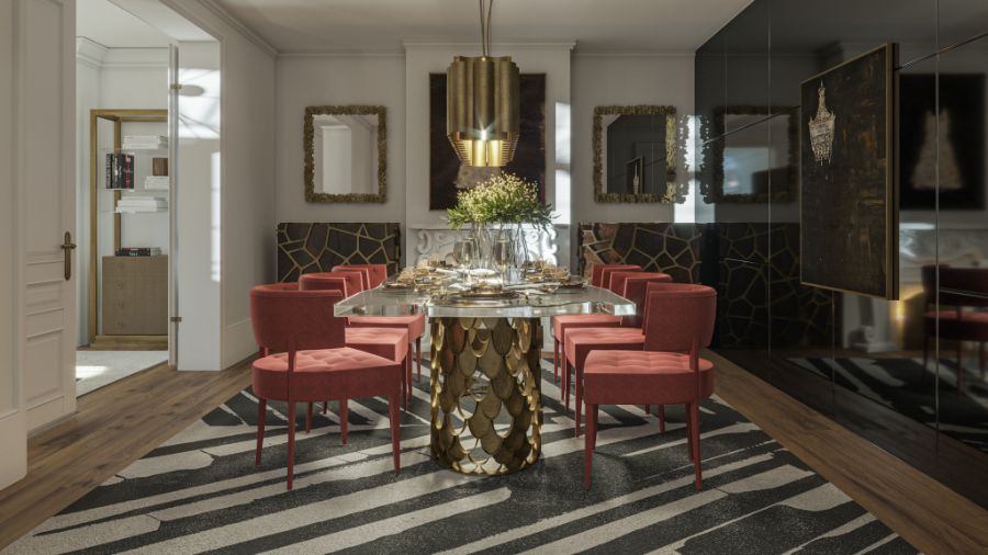 Knightsbridge Manor, modern contemporary dining room, red velvet dining chair, rectangular dining table, rectangular suspension light