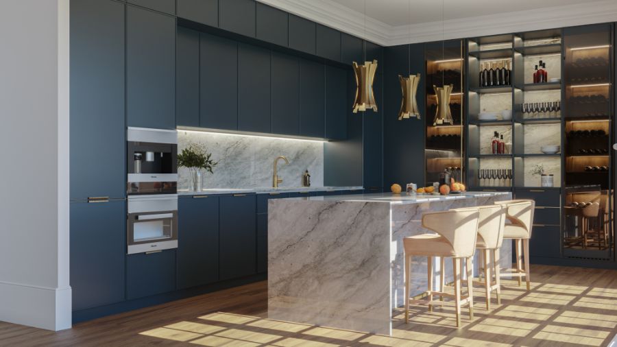 Knightsbridge Manor, modern contemporary kitchen, velvet counter stools, gold pendant lights