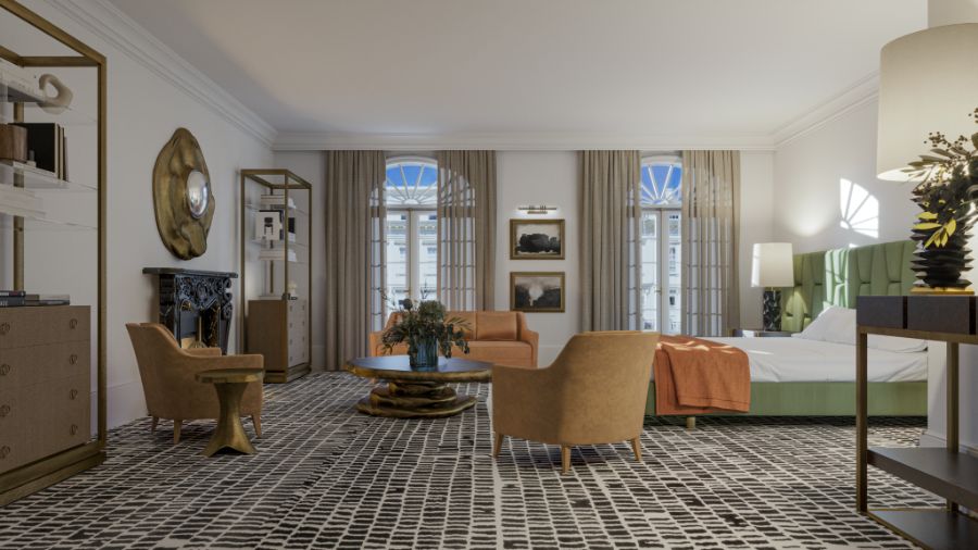 Knightsbridge Manor, green velvet bed, modern contemporary bedroom, brown velvet armchair, wood center table