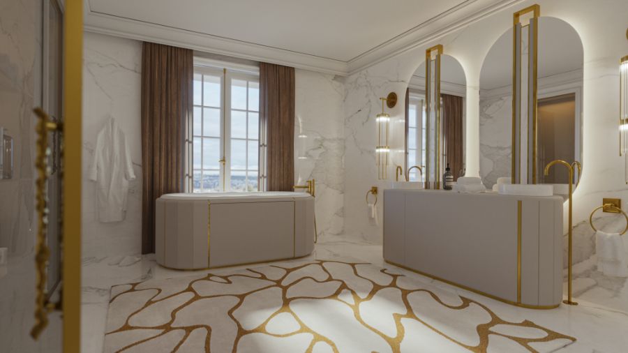 Knightsbridge Manor, modern contemporary bathroom, white bathtub, white washbasin