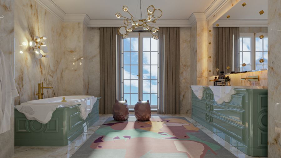 Knightsbridge Manor, modern contemporary children's bathroom, green bathtub, green washbasin