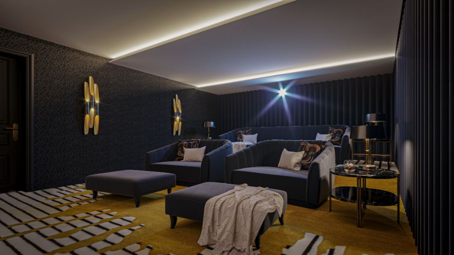 Knightsbridge Manor, modern contemporary home theatre, home cinema, velvet sofa