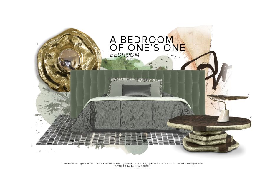 master bedroom and bathroom, green upholstered bed, green bed, round wood centre table, orange sofa, modern rug, gold brass decorative mirror