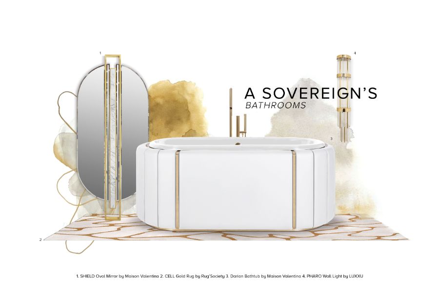 master bedroom and bathroom, white and gold bathroom, white leather washbasin, white leather bathtub, oval mirror, gold wall light, modern bathroom rug