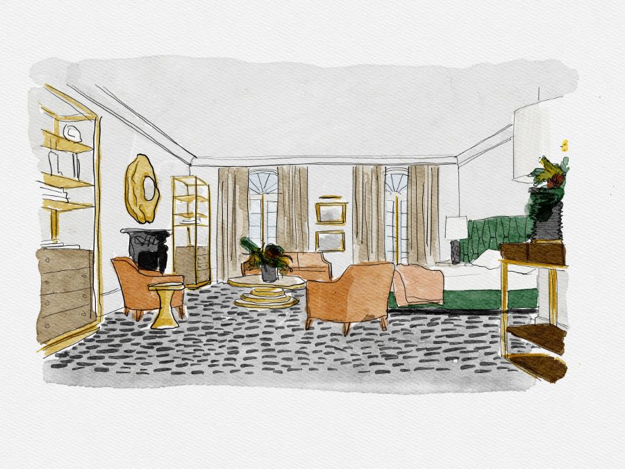 master bedroom and bathroom, green upholstered bed, green bed, round wood centre table, orange sofa, modern rug, gold brass decorative mirror