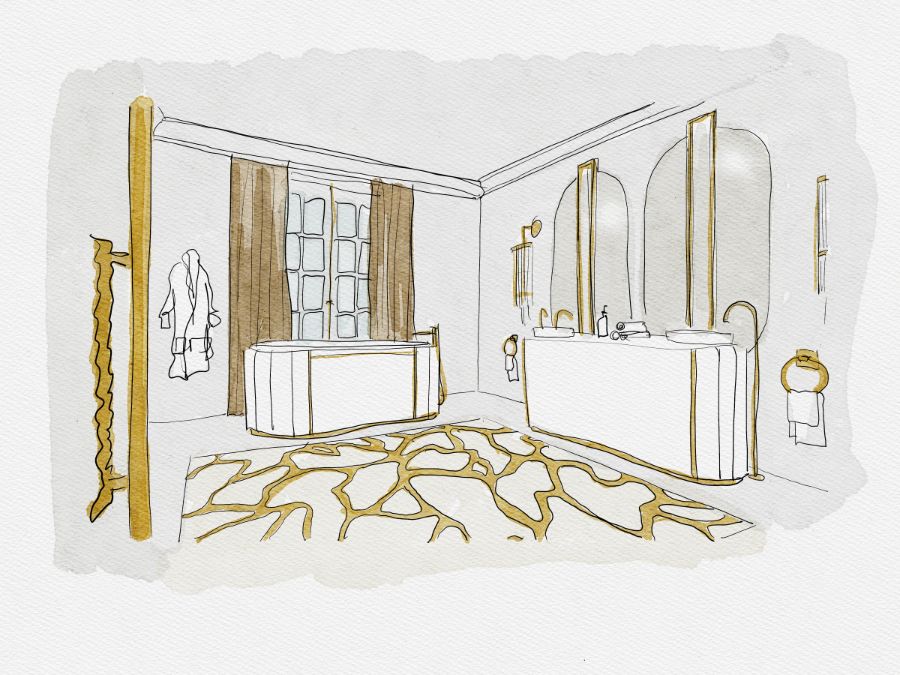 master bedroom and bathroom, white and gold bathroom, white leather washbasin, white leather bathtub, oval mirror, gold wall light, modern bathroom rug