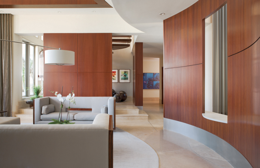 High-end Residential Projects by Michael Wolk. Tahiti Beach. Living room with wooden surfaces