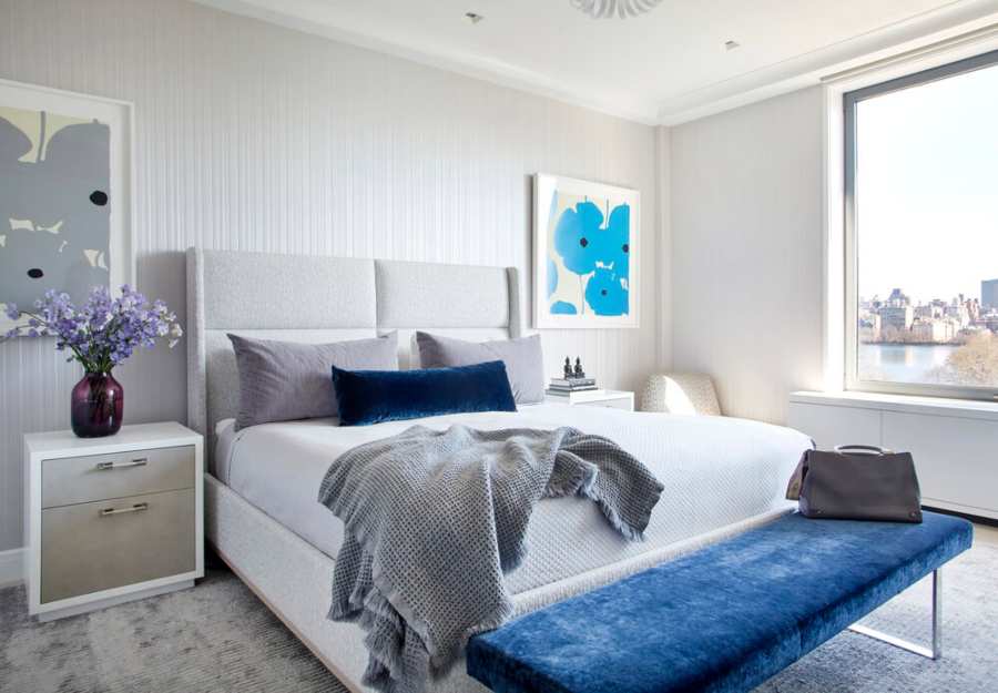 Amie Weitzman, bedroom design, blue bench, neutral decor