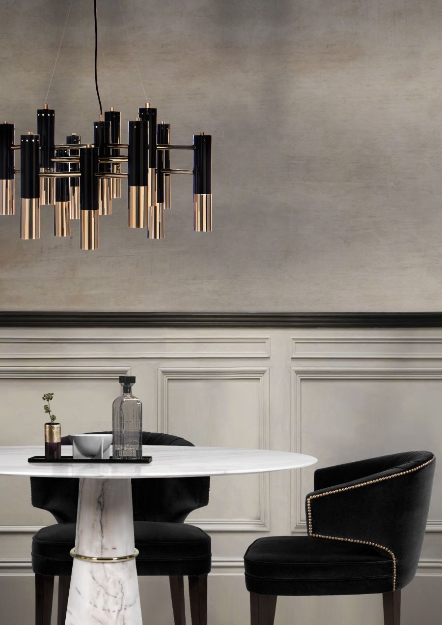 Modern Dining Room Decor in Black, White and Grey with black velvet dining chair and white round marble dining table