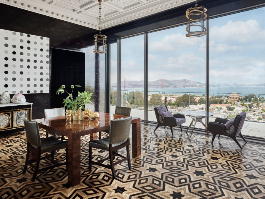 Modern Dining Room Decor in Black, White and Grey with square wood dining table, project by peter marino