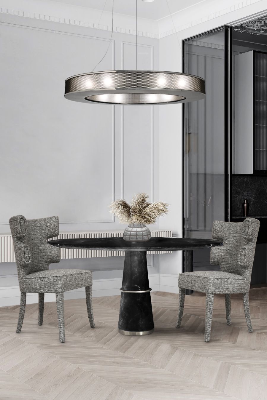 Modern Dining Room Decor in Black, White and Grey with grey twill dining chair and black round marble dining table