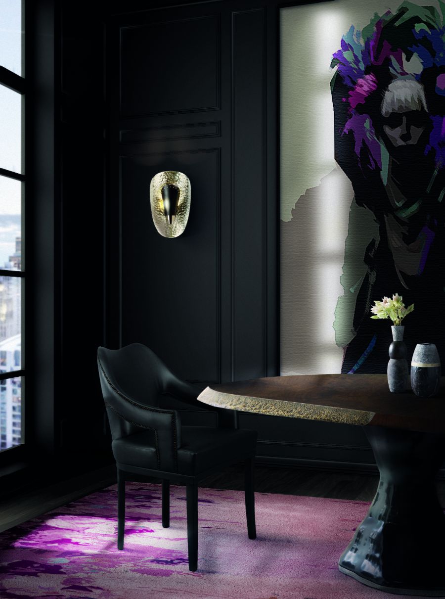 dark modern dining room setting with black synthetic leather dining chair and pink area rug