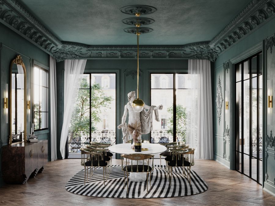 modern classic dining room design with white marble dining table and gold dining chairs