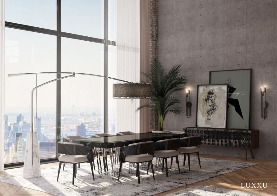open space dining room design with rectangular dining table and grey upholstered dining chairs