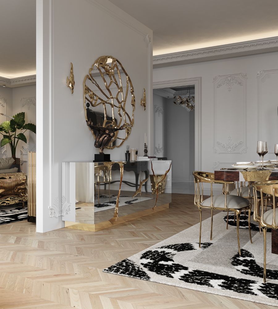 classic dining room design with gold brass wall light and decorative round mirror