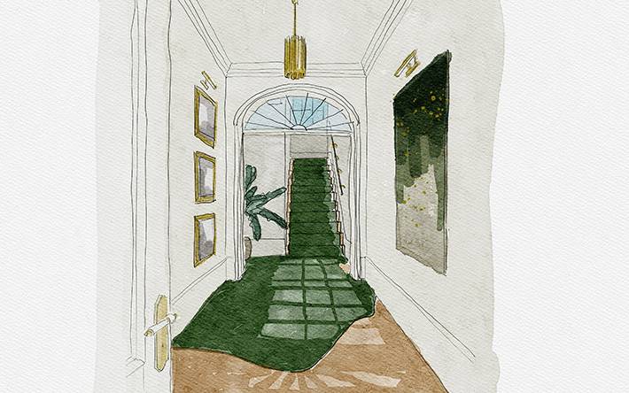 Nimue Hallway: A Personality Filled Entryway at Knighstbrigde Manor, modern contemporary hallay design, modern contemporary entryway design, green rug, green hallway rug, green entryway rug