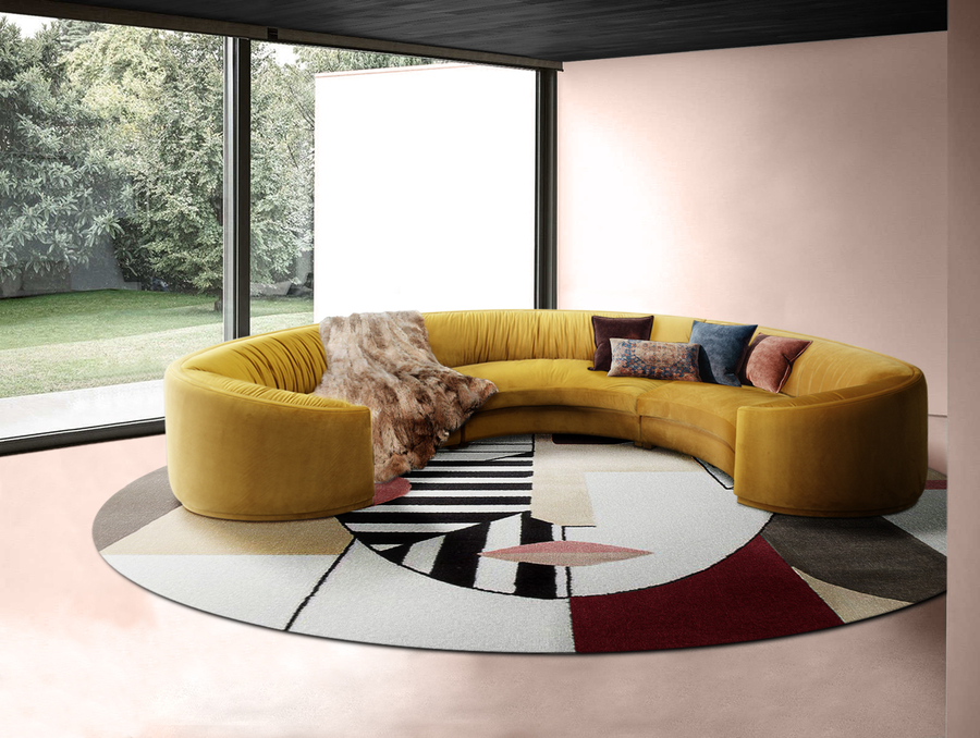 vivid colour living room design with yellow round sofa