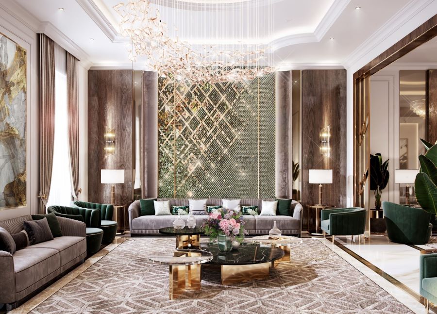 modern living room, green armchair, gold and black centre table, pink sofas with green and white pillows, luna