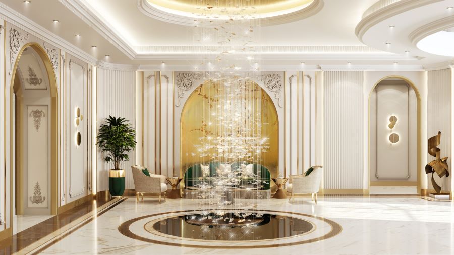 modern living room, gold and bege armchair, gold and black centre table, gold and green sofas, luna