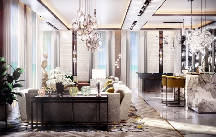 modern living room, white sofas with yellow pillows, yellow bar chairs, white suspension lights, luna