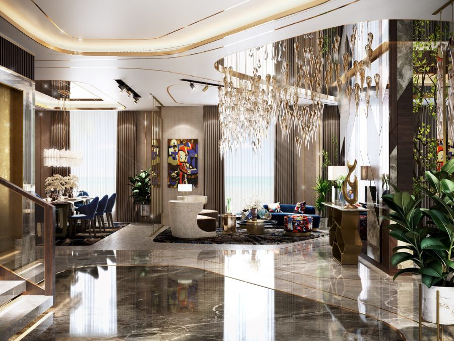 modern living room, gold suspension lights, white armchairs, blue sofa, gold centre table, blue dining chairs, luna