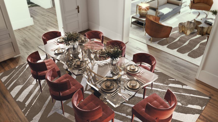 modern dining room with rectangular dining table and red dining chairs