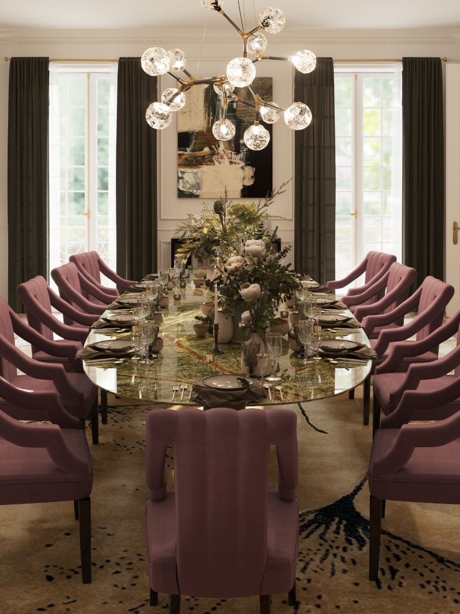 modern classic dining room with forest green marble dining table and pink dining chairs