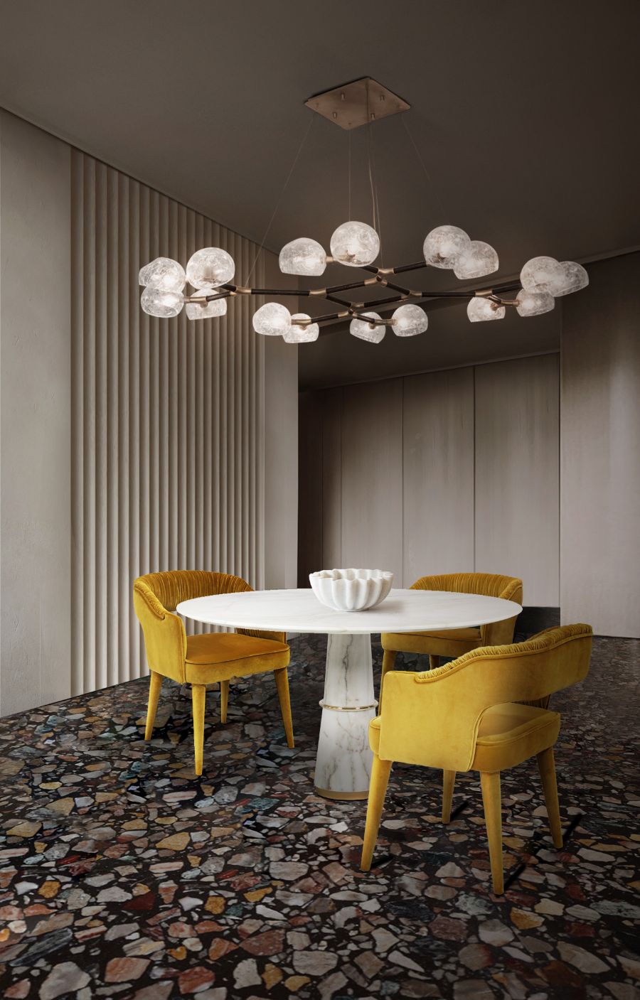 modern dining table with round white marble dining table and yellow velvet dining chairs