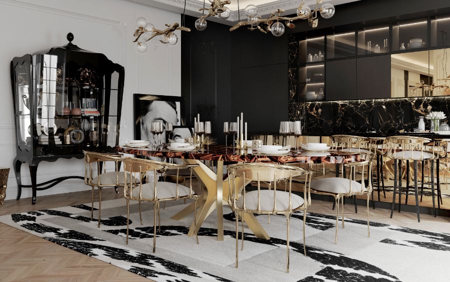 modern classic dining room with wood dining table and gold dining chairs