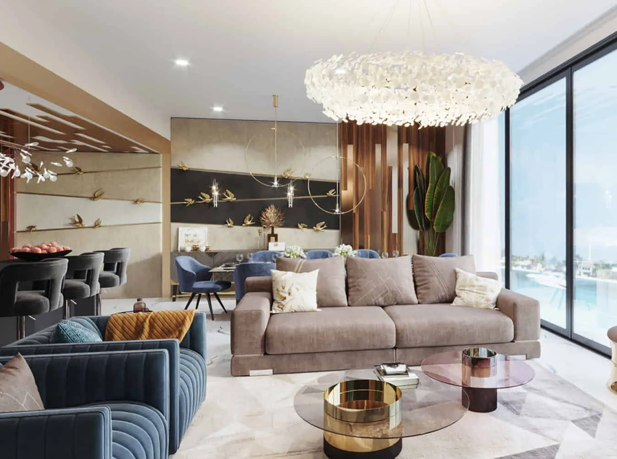 Living room furnished with some bespoke upholstery and a custom center table.